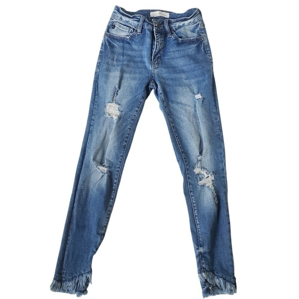 KanCan Womens High Rise Distressed‎ Skinny Jeans Medium Wash Frayed Fringe Hem